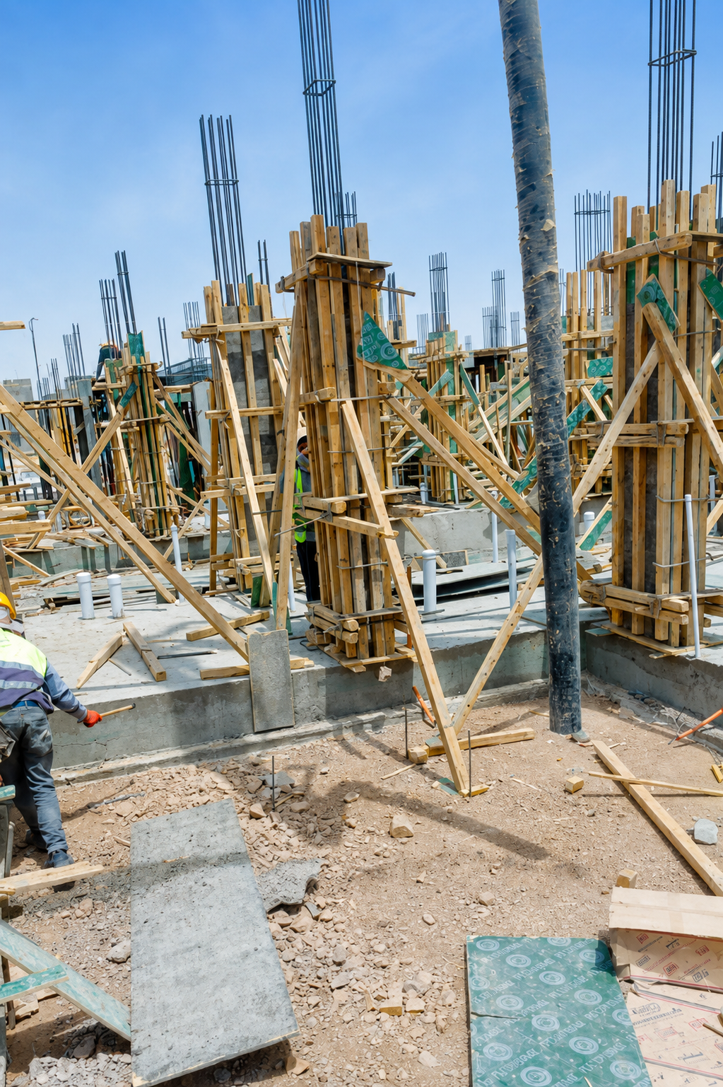 مهندسون يراجعون المخططات في موقع إنشائي